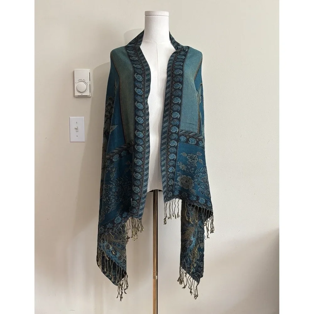 Pashmina Shawl Scarf Wrap Silk Cashmere Blue Floral Fringe Whimsigoth Boho